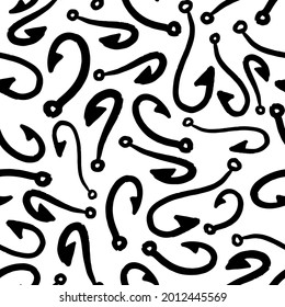 Black ink fish hooks isolated on white background. Cute monochrome seamless pattern. Vector simple flat graphic hand drawn illustration. Texture.