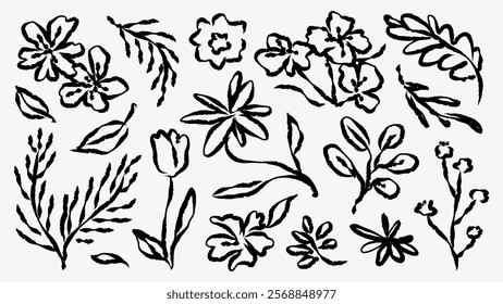 Black ink floral illustrations, featuring various flowers and leaves. Hand-drawn flowers and leaves create a botanical, artistic floral pattern. Hand drawn botanical illustrations vector set.