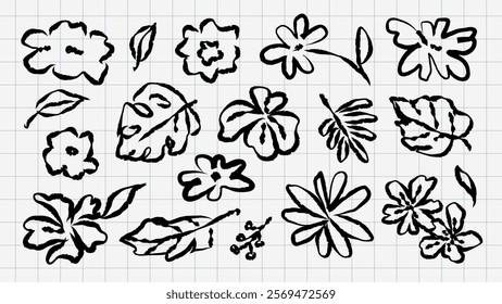 Black ink floral and leaf sketches on grid paper. Flowers and leaves in various shapes. Ink sketches of flowers and leaves create a natural pattern. Hand drawn botanical illustrations vector set.