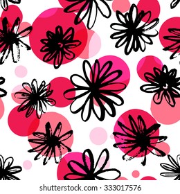 Black ink floral pattern with red and pink spots, Freehand flowers drawing, repeated texture. Seamless vector background for fashion textile, spring summer season fabric.