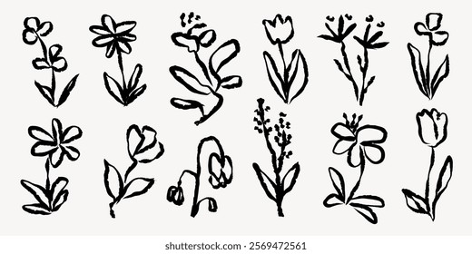 Black ink floral sketches, featuring various flower designs. Simple, artistic floral sketches with different flower shapes. Ink sketches of flowers. Hand drawn botanical illustrations vector set.