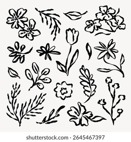 Black ink floral sketches, featuring various flowers and leaves. Simple floral designs with bold black ink, showcasing artistic floral elements and nature motifs. Hand drawn botanical vector set.