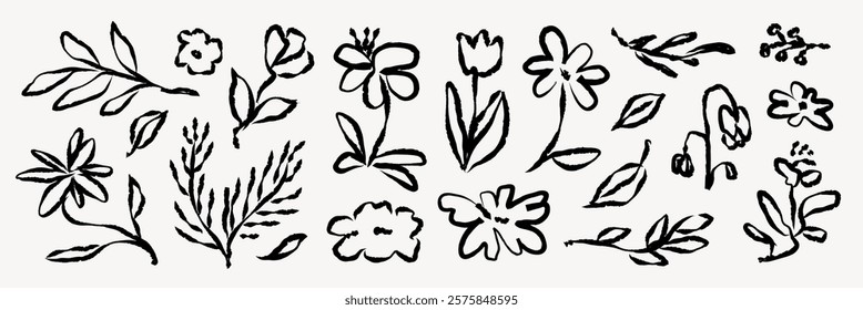 Black ink floral sketches, hand-drawn flowers, and leaves. Simple floral designs, artistic floral sketches, and ink-drawn flowers on a light background. Hand drawn botanical illustrations vector set.