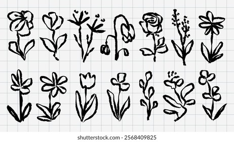 Black ink floral sketches on grid paper. Flowers drawn in simple, bold lines. Floral sketches showcase diverse flower shapes. Artistic floral ink designs. Hand drawn botanical vector set.