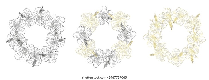 A black ink and gold flower wreath set with a black and white flower wreath. The flowers are arranged in a circular pattern