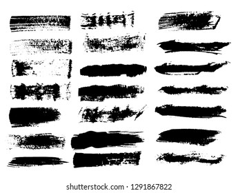 Black ink grunge brush set strokes on white background.
