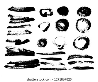 Black ink grunge brush set strokes on white background.