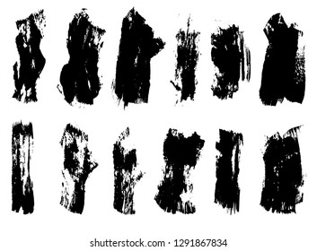 Black ink grunge brush set strokes on white background.