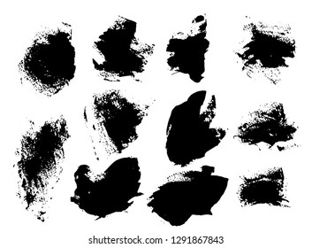 Black ink grunge brush set strokes on white background.