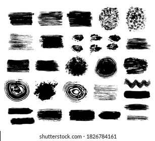 Texturas de color negro y conjunto de trazo de pincel. Juego de salpicaduras abstractas con tinta de tracción manual. Ilustraciones vectoriales.