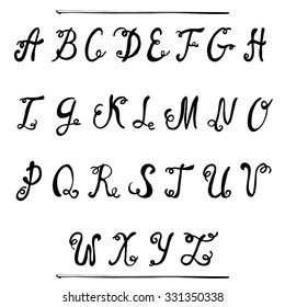 Black ink hand drawn alphabet, capital letters. Curly vintage font.  Calligraphy Brush painted script font. Vector.