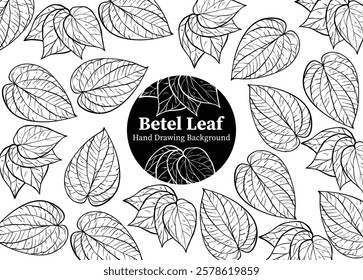 Black ink hand drawn background of betel leaves. black and white image design vector, line art, ornament design, aesthetic