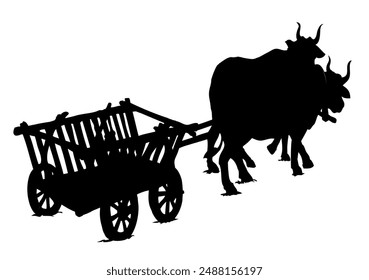 Black ink hand drawn big rustic cargo road labor worker beast carry plow wood wheel dray travel ride chariot. Symbol sign icon logo historic antique asia art contour cartoon style white sky text space