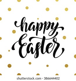 Black ink Hand drawn easter greeting card on white background with golden polka dot pattern. Happy easter freehand  lettering. Handwritten vector illustration