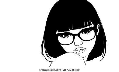 Black ink hand drawn girl in glasses portrait. Beautiful model cute young woman printable character brunette hair minimalistic vector illustration