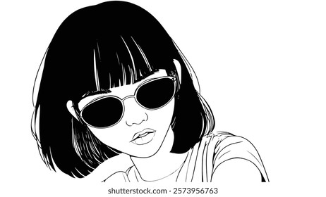 Black ink hand drawn girl in sunglasses portrait. Beautiful model cute young woman printable character brunette hair minimalistic vector illustration