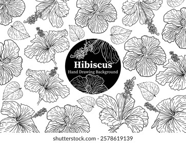 Black ink hand drawn hibiscus flower background. black and white image design vector, line art, ornament design, aesthetic