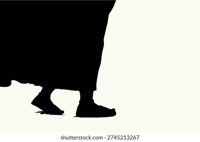 Black ink hand drawn old prophet Moses israel god dirty guy body boot jog icon sign retro biblic faith story cartoon muslim line art Closeup side view young hiker apostle fit stride run move pace wander leave sand land sea lake water storm track trip