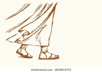 Black ink hand drawn old prophet Moses israel god dirty guy body boot jog icon sign retro biblic faith story cartoon muslim line art Closeup side view young hiker apostle fit stride run move pace wander leave sand land sea lake water storm track trip