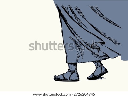 Black ink hand drawn old prophet Moses israel god dirty guy body boot jog icon sign retro biblic faith story cartoon muslim line art Closeup side view young hiker apostle fit stride run move pace wander leave sand land sea lake water storm track trip