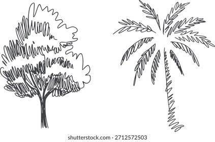Black ink hand drawn trees with sparse and dense foliage branches
