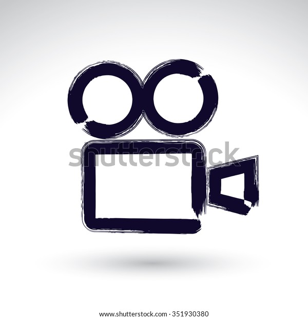 Black ink hand drawn
vector video camera icon, simple hand-painted camera symbol
isolated on white
background.