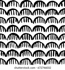 Black ink hand painted half circles on white. Seamless vector pattern