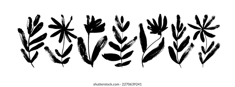 Black ink hand-drawn abstract flowers. Spring flowers vector set with leaves and stems. Grunge dry brushstroke drawing. Wild plants or herbs. Black and white artistic botanical illustration.