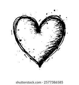 Black ink hand-drawn heart with scattered splatters, on a clean white background, emphasizing love, creativity, and simplicity. Valentine's day illustration.