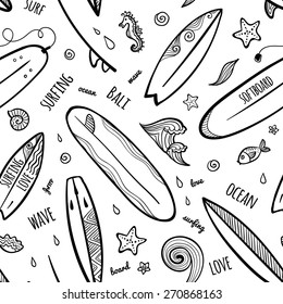 Black ink hand-drawn surfing boards vector seamless pattern