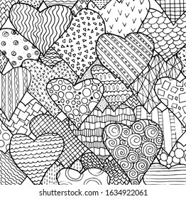 Black ink hearts pattern on white background. Sketch of Valentines day symbol in doodle style. Hand drawing coloring book. Cute pattern with geometrical forms and small details.