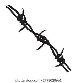 Black ink illustration of barbed wire strand, isolated design element for sharp danger warning concept.