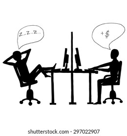 Black ink image with lazy employee and workaholic on white background