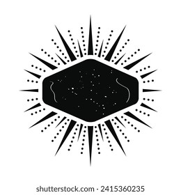 Black ink isolated silhouette sunburst hexagon shape blank banner with texture icon and design element on white background
