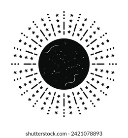 Black ink isolated silhouette sunburst round shape blank banner with texture icon design element on white background