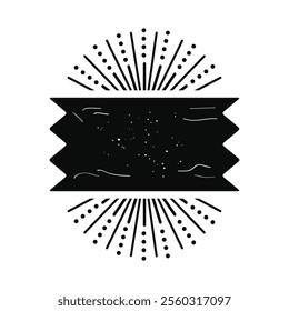 Black ink isolated silhouette sunburst blank zigzag ribbon banner with texture icon and design element on white background