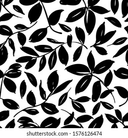 Black ink leaves hand drawn vector seamless pattern. Grunge freehand plant branches on white monochrome texture. Natural background. Botanical textile print, wallpaper, wrapping design