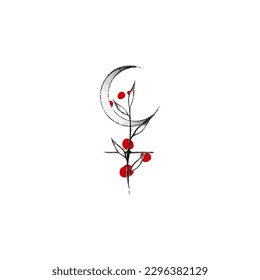 Black ink lilith symbol floral tattoo vector with watercolor red dots