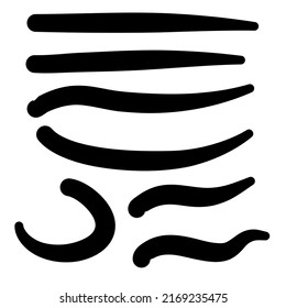 Black ink line strokes brush vector set isolated on white for doodles or abstract scratch 