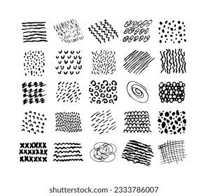 Black ink lines and squiggles. Doodle hand drawn scribble brush strokes collection. Lines, daubs, brick, animal and tile patterns for various designs and overlays