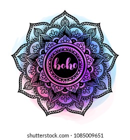 Black ink mandala on watercolor background. Boho style design with colorful aquarelle on white isolated background.