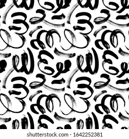 Black ink messy scribbles vector seamless pattern. Abstract curved lines with dry brush paint smudges texture. Creative hand drawn textile print. Monochrome grunge style wallpaper design