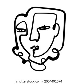 Black ink modern abstract face portrait. Linear art contemporary painting. Fashion style minimalist drawing. Good for poster design and more.