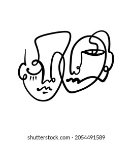 Black ink modern abstract face portrait. Linear art contemporary painting. Fashion style minimalist drawing. Good for poster design and more.