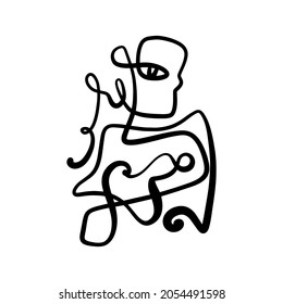 Black ink modern abstract face portrait. Linear art contemporary painting. Fashion style minimalist drawing. Good for poster design and more.