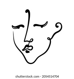 Black ink modern abstract face portrait. Linear art contemporary painting. Fashion style minimalist drawing. Good for poster design and more. Vector illustration