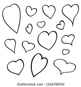 Black ink outline isolated hearts set