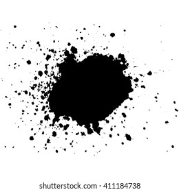 Black Ink paint blob with splatter on white background. Stain placer abstract background, frame vector illustration.