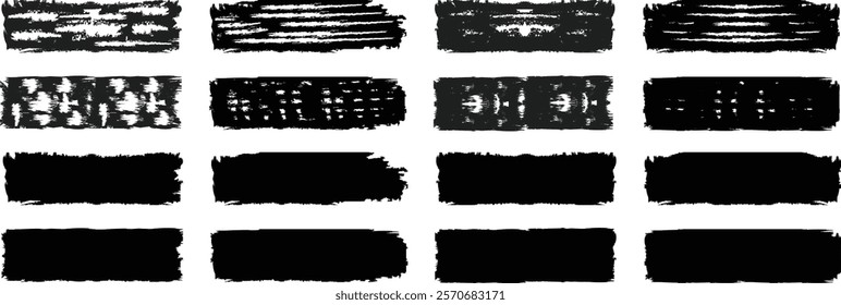 Black ink paint brush stroke lines texture isolated. Black set paint, ink, brush strokes, lines, frames, grungy line, brush stroke vector illustration. Brush stroke paint boxes. Paint strokes vector