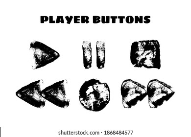 Black ink paint grunge  set isolated on white background.  Modern grungy buttons for player play, stop, pause, fast forward, record. Vector illustration